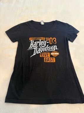Harley-Davidson Black Tee with White and Orange Logo
